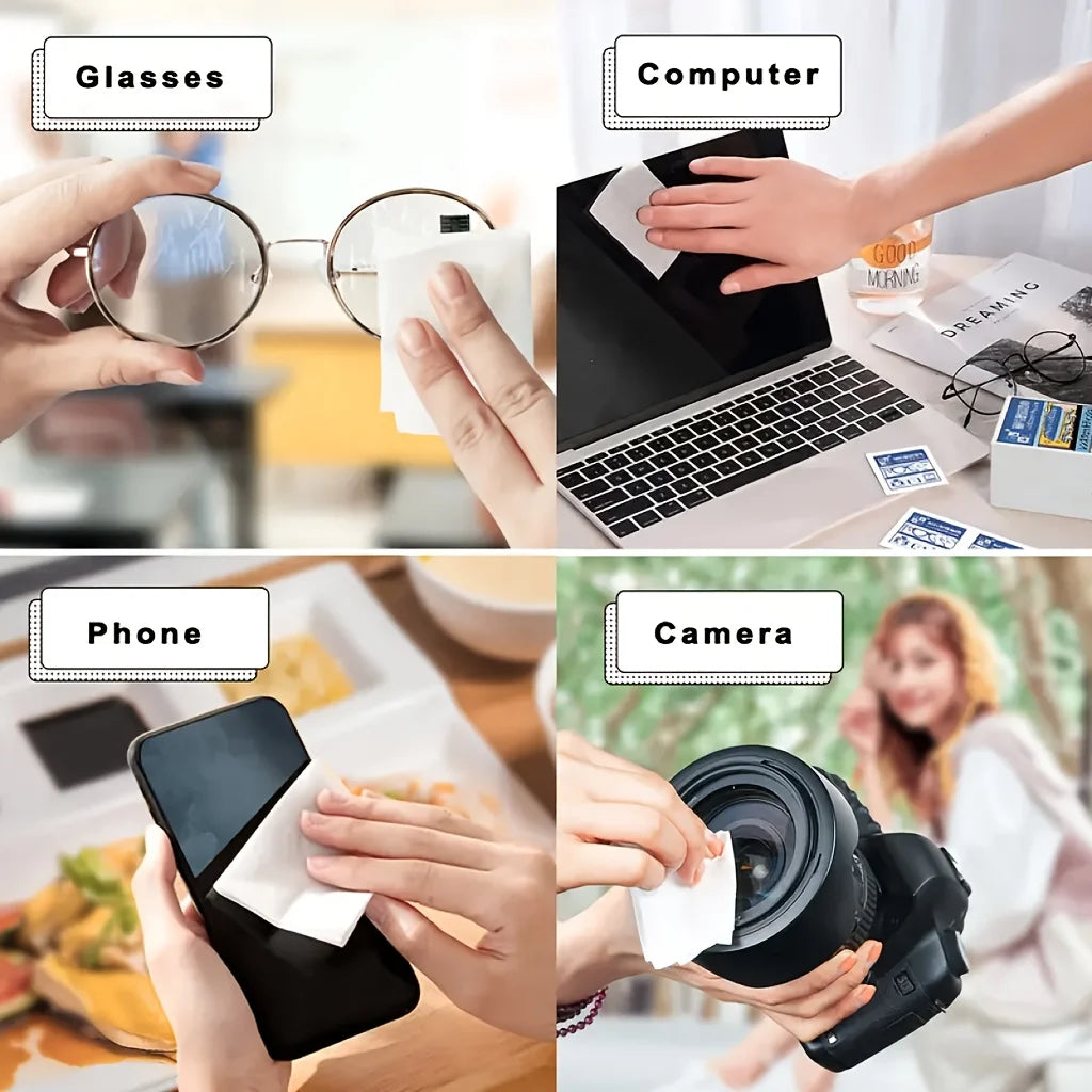 100 Lingettes Nettoyantes Jetables pour Lunettes – Emballages Individuels – Écrans Smartphone & Tablette – Sans Résidu