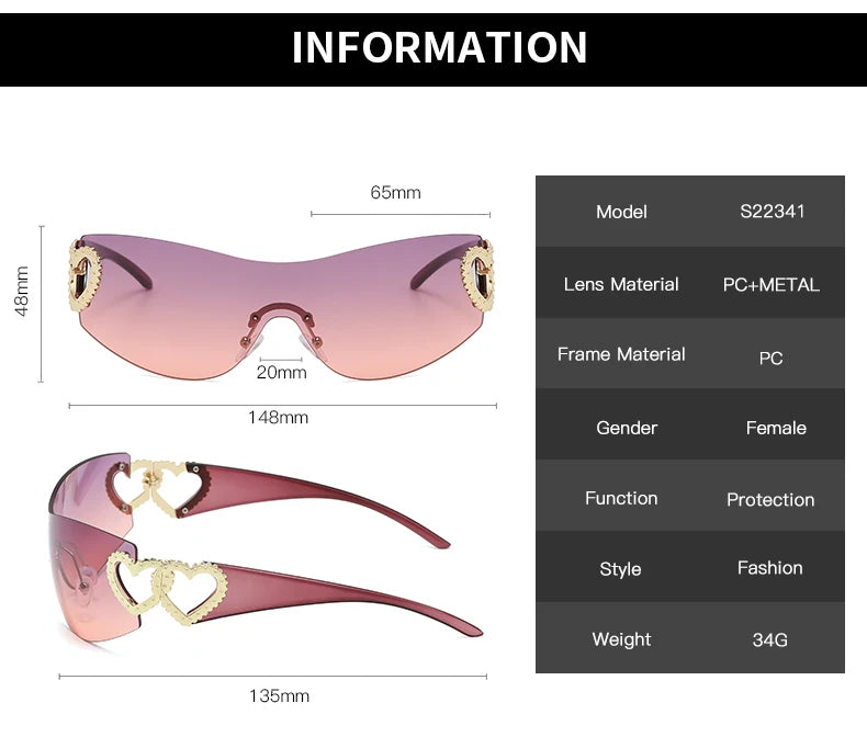 Lunettes Y2K Rimless Oversized – Femme – Dégradé – Wrap Around – Punk – Owl City